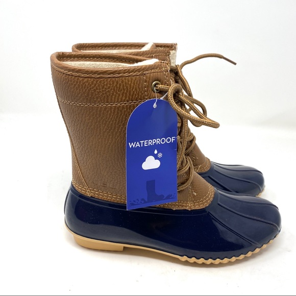 New in Box Brown Navy Blue Faux Fur Vegan Leather Waterproof Duck Boots - Picture 9 of 11